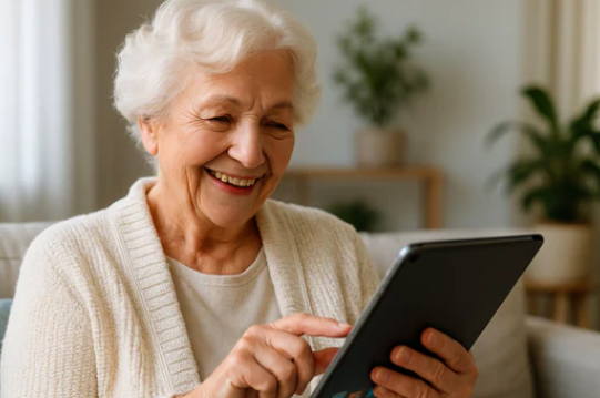 Smiling older woman using a MotionBloom tablet at home.